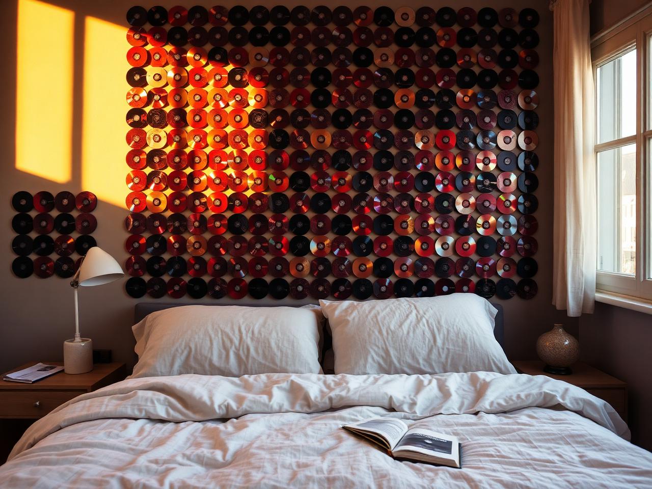 A bedroom feature wall of restored compact discs catching afternoon sunset light