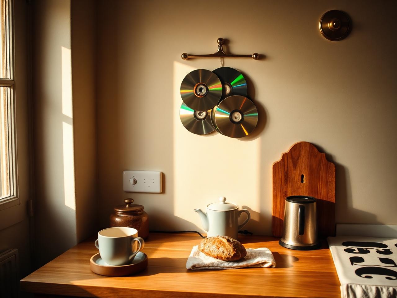 A small kitchen with a cluster of five restored CDs above the wooden counter in morning light