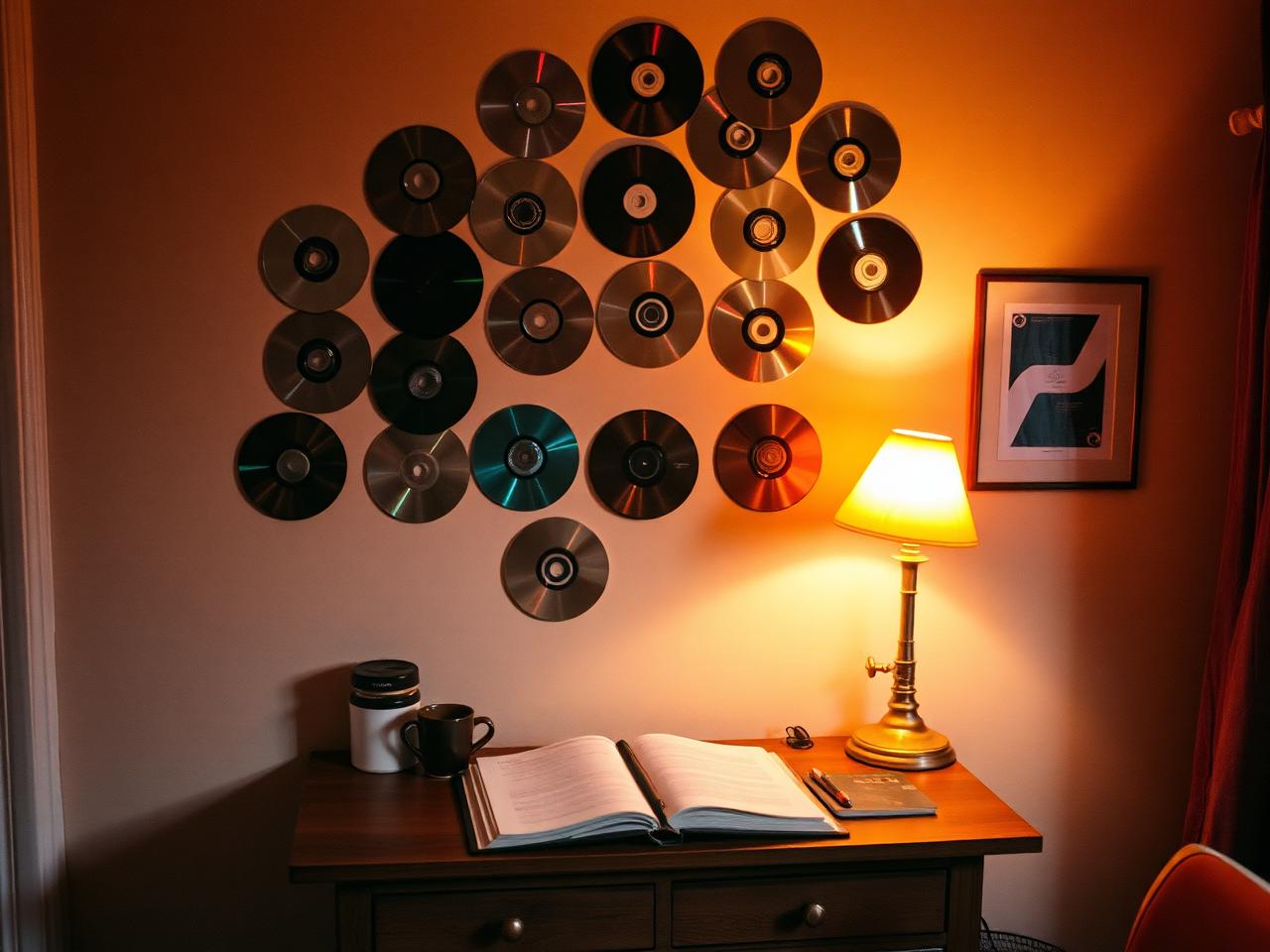 A home studio in Eindhoven with 24 restored CDs in an organic constellation above a wooden desk