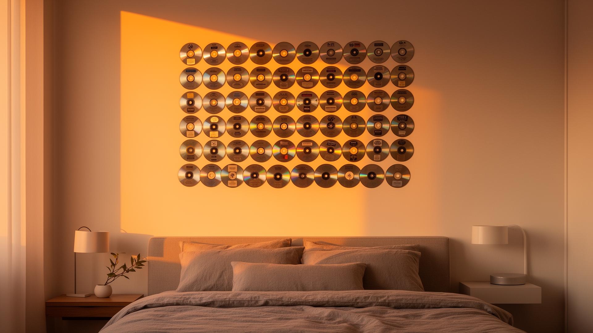 A bedroom wall composed of restored compact discs catching golden hour light